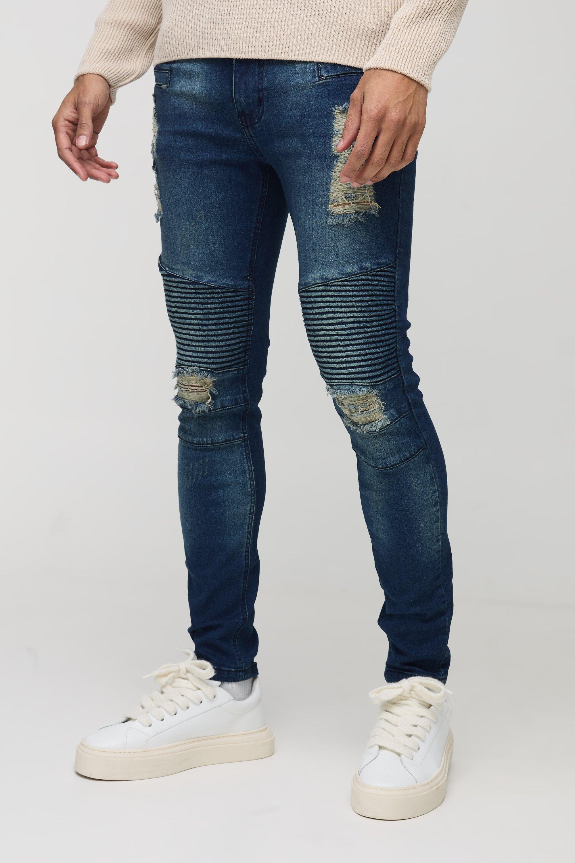 Mens Blue Skinny Stretch Ripped Distressed Biker Jeans, Blue